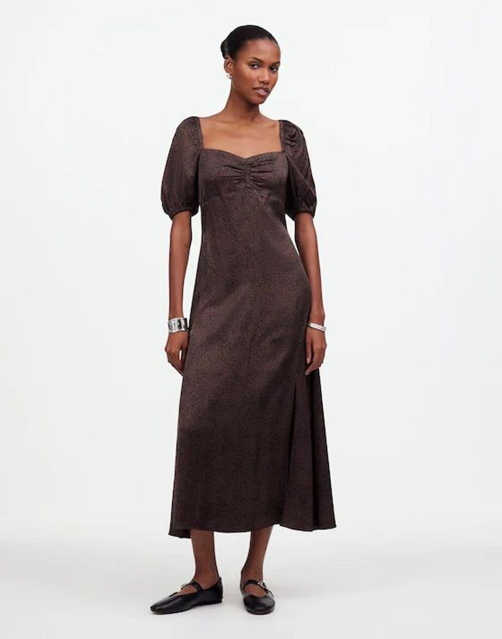 Madewell Brown Floral Smocked Puff Sleeve Midi Dress Size 10